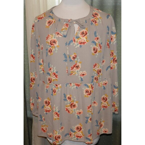 DR2 size 1X roses pull over blouse tie at neck plus size womens top - Picture 1 of 6
